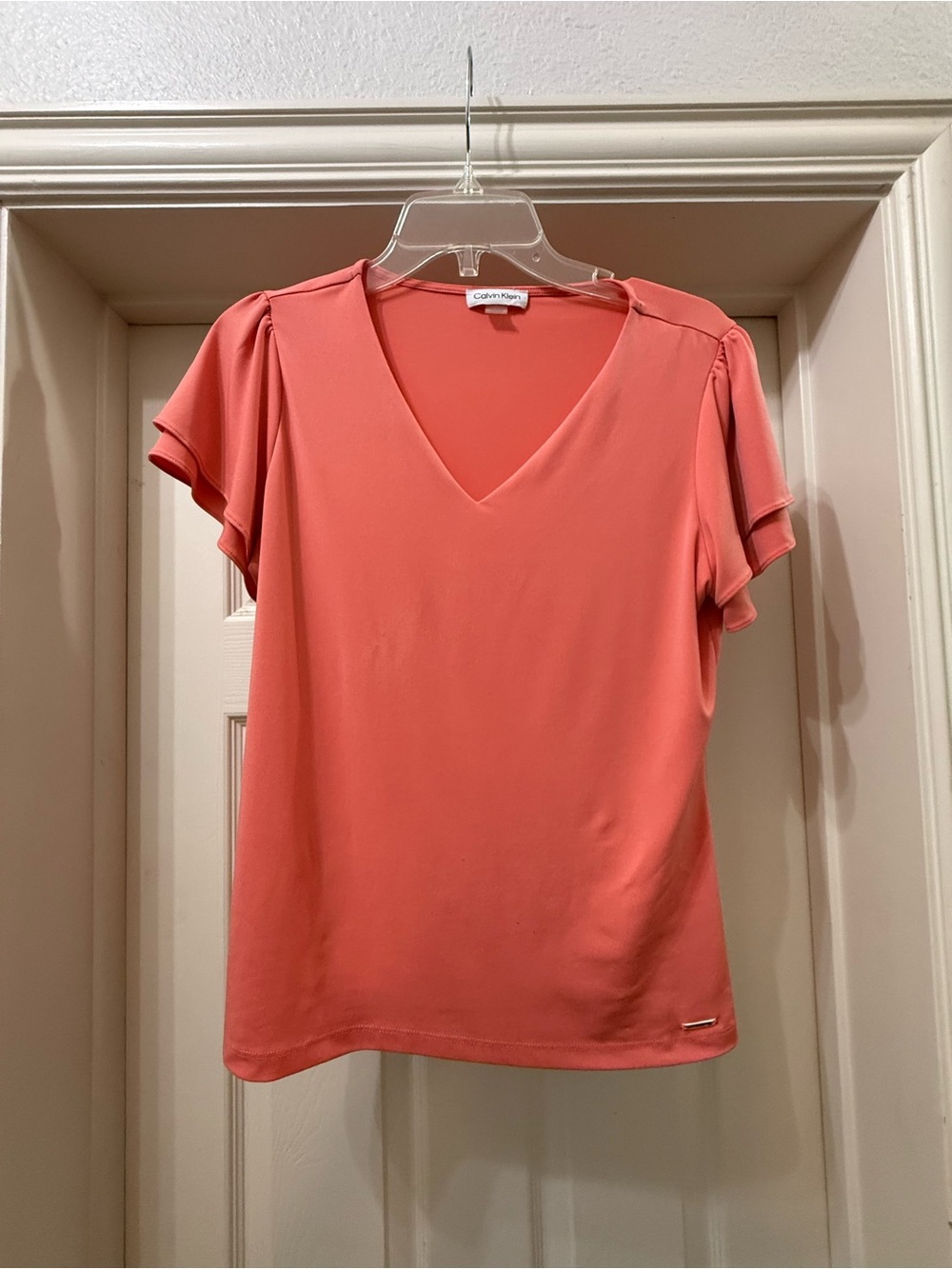 Calvin Klein Coral V-Neck Flutter Sleeve Blouse